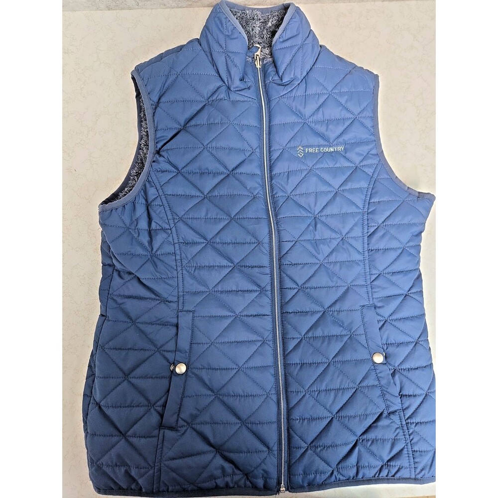 Free Country Women’s Sze M Blue Sleeveless Sherpa Lined Reversible Full Zip Vest